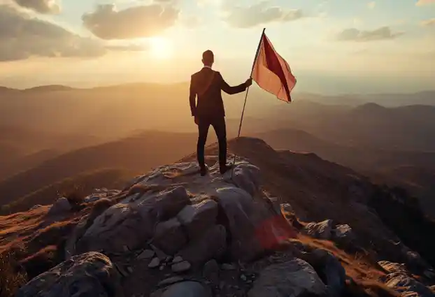 man standing on top of a mountain with a flag in his right hand